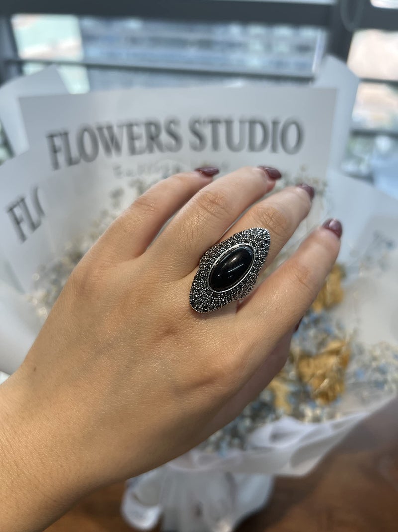 Mytys Retro Vintage Cocktail Statement Ring Black Marcasite & Crystal Rings for Women Antique Silver Big Black Onyx Stone Ring (Silver 3, 6) - Image 3